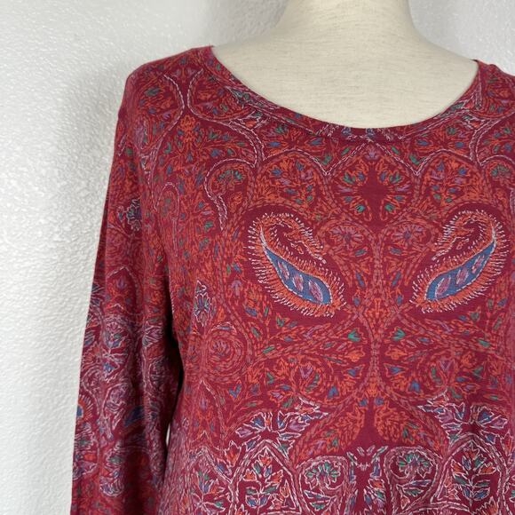 Lucky Brand Boho Top Women Large Red Paisley Slub Knit Split Back Tunic - Picture 4 of 11